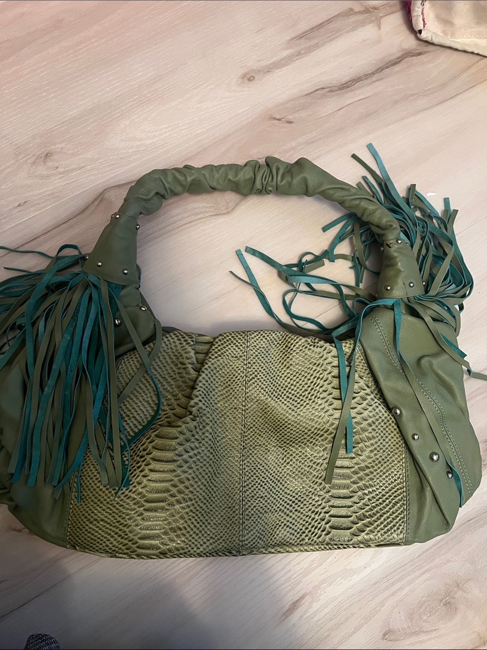 Olive Green Textured Fringe Shoulder Bag Simply NINA by Nina Renzo